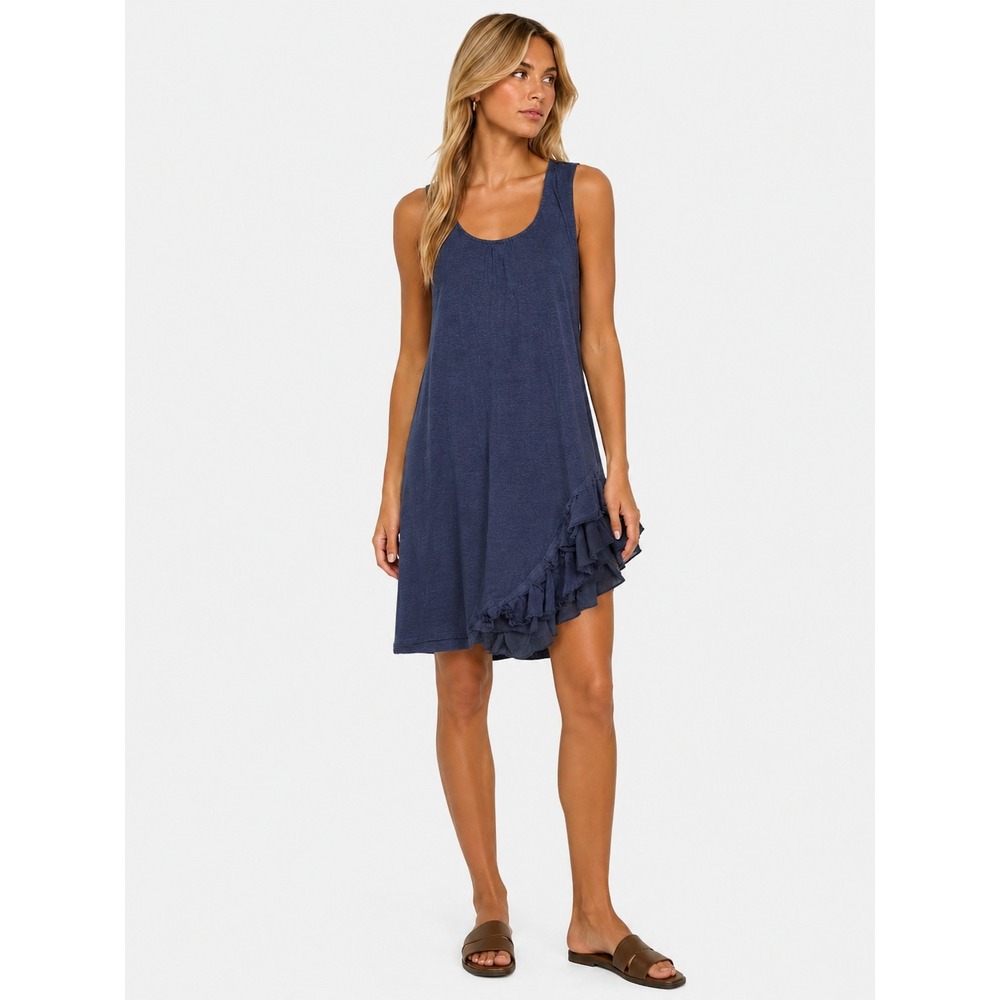 Clu Navy Blue Hemp Organic Cotton Linen Silk Ruffle Hem Tunic Dress Small S
